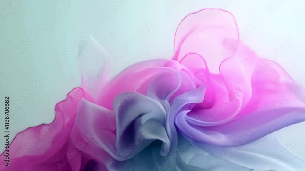 Poster Soft waves of translucent fabric move in gradients of purple and pink. The animation accentuates the soft lighting, creating an illusion of weightlessness, volume and subtle elegance