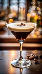 Classic espresso martini in a cocktail glass with warm bokeh lights in the background.