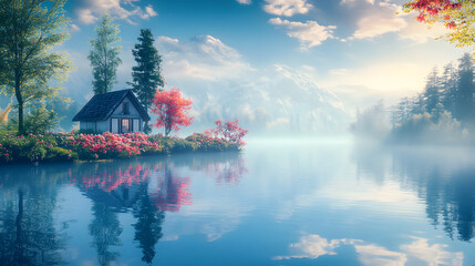 Fototapeta premium A Tranquil Floating Cottage on a Misty Lake Surrounded by Lush Nature in the Bright Daylight