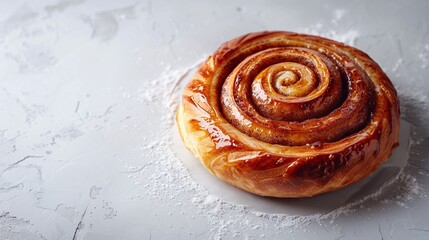 Fototapeta premium Golden cinnamon roll with swirled design, flaky and buttery texture, isolated on white background, classic baked pastry, gourmet breakfast treat, artisanal dessert, close-up, elegant presentation.
