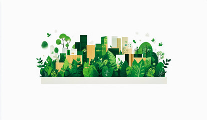 Obraz premium Simplified Illustration of an Eco-Friendly Cityscape with Green Trees and Buildings Made from Leaves and Wood