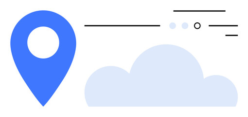 Blue location pin next to a cloud with abstract lines. Ideal for navigation, travel, cloud computing, technology, weather, data storage, and mapping themes. Line metaphor