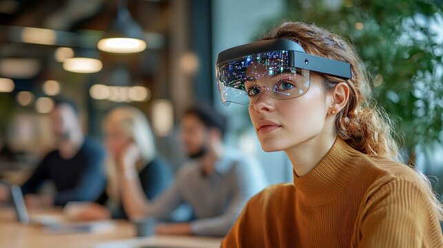 Innovative Individuals Explore Virtual Reality in a Modern Collaborative Workspace - Powered by Adobe