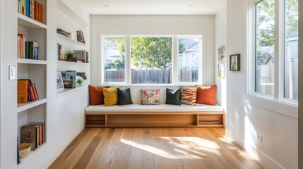 Fototapeta premium Sunlit reading nook with built-in bench, shelves, and hardwood floors.