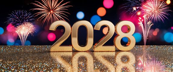 Złoty tekst na rok 2028 z kolorowym pokazem fajerwerków na błyszczącym tle.

