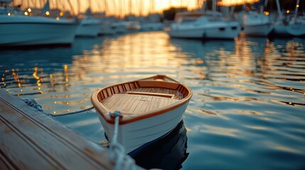 A lone boat gently floats on golden water reflecting the serene hues of twilight, surrounded by...