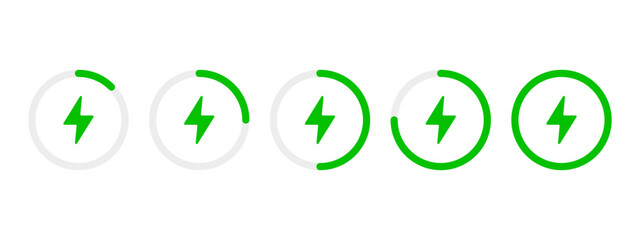 Battery charging circle indicator icon set. Green round battery power level vector illustration collection. Lightning inside a rounded diagram infographic symbol. Loading process progress bar sign.