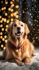 Szczęśliwy golden retriever leżący na śniegu, w tle migocące świąteczne światełka

