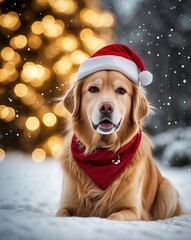 Uroczy piesek rasy golden retriever w czapce Mikołaja i czerwonym szaliku, otoczony śniegiem i świecącymi świątecznymi światełkami