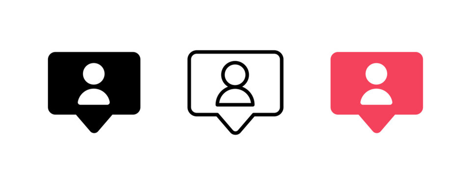 New follower notification icon. New customer notification vector illustration. Social media network web or app interface design element. User profile symbol. Follow bubble pictogram. New member sign.