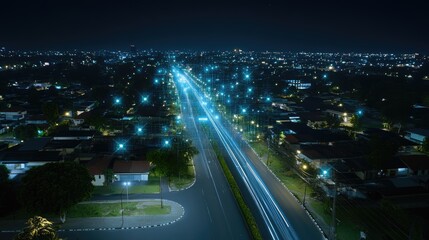 Visualizing modern technology with digital communication networks connecting homes in a small town in the early morning light