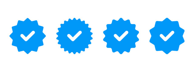 Blue checkmark starburst icon set. Verification label vector illustration. Approved quality mark symbol. Correct badge, stamp and sticker. Guarantee certificate emblem. Certified checkmark sign.