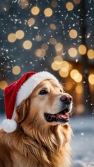 Golden retriever w czapce Mikołaja siedzący na śniegu otoczonym świątecznymi światłami bokeh.

