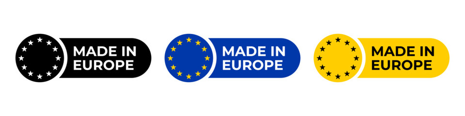Made in Europe label. Made in Europe product emblem, sign, symbol, badge or seal. European Union quality standards tag, stamp an sticker. CE mark pictogram for product packaging. EU quality icon. © Chelpanoff