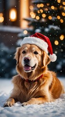 Golden retriever w czapce Mikołaja siedzący na śniegu otoczonym świątecznymi światłami bokeh.

