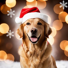 Golden retriever w czapce Mikołaja na tle świątecznych świateł bokeh.

