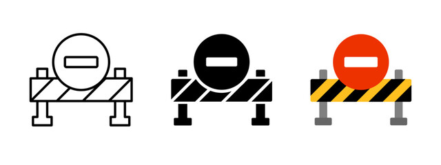 Barrier stop sign icon set. Block obstacle stripped fence with red roadsign vector illustration. Under construction highway restricted symbol. Travel prohibited pictogram. Forbidden way isolated glyph © Chelpanoff
