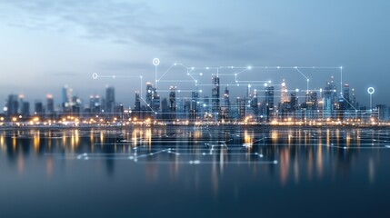 Obraz premium Visualizing modern technology with digital communication networks connecting homes in a small town in the early morning light