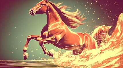Obraz premium Dynamic Abstract Design of a Galloping Horse in Molten Gold: Perfect Poster for Energetic Sports Interiors with Fluid Motion, Glowing Highlights, and Reflective Textures