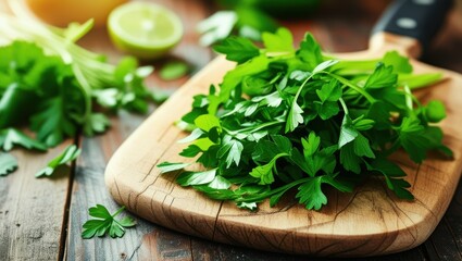 Fresh parsley, wooden cutting board, rustic table, vibrant green herbs, citrus fruit, soft natural lighting, food photography, culinary scene, organic ingredients, kitchen setting, crisp detail, shall