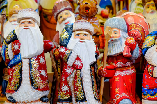 Budapest, Hungary, Europe. Wooden Santa Claus figures