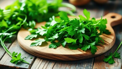 Fresh parsley, wooden cutting board, rustic table, vibrant green herbs, citrus fruit, soft natural lighting, food photography, culinary scene, organic ingredients, kitchen setting, crisp detail, shall