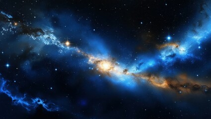 Naklejka premium Space nebula, cosmic clouds, swirling blue and gold gases, celestial light, star formation, cosmic dust, vibrant galactic colors, deep space, astronomical phenomenon, ethereal universe, high resolutio