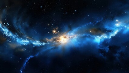 Space nebula, cosmic clouds, swirling blue and gold gases, celestial light, star formation, cosmic dust, vibrant galactic colors, deep space, astronomical phenomenon, ethereal universe, high resolutio