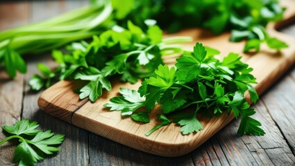 Fresh parsley, wooden cutting board, rustic table, vibrant green herbs, citrus fruit, soft natural lighting, food photography, culinary scene, organic ingredients, kitchen setting, crisp detail, shall