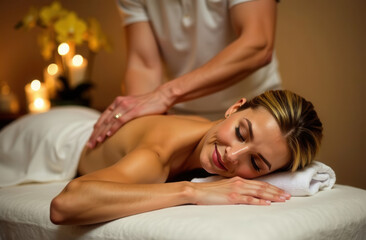 Obraz premium A woman receives a massage in a chic dark spa with candles and orchids. Relaxing massage. Thai massage for a woman in a salon. Back and neck massage at the spa.
