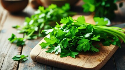 Fresh parsley, wooden cutting board, rustic table, vibrant green herbs, citrus fruit, soft natural lighting, food photography, culinary scene, organic ingredients, kitchen setting, crisp detail, shall