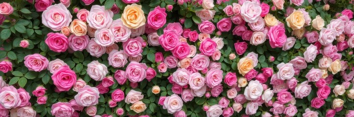 A vibrant wall covered in lush, blooming roses of various colors, close up, garden