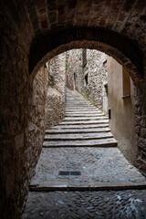 Along the streets of old town Girona, Catalonia. Spain.