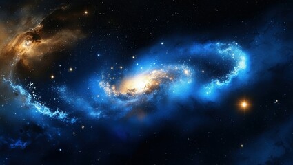 Obraz premium Space nebula, cosmic clouds, swirling blue and gold gases, celestial light, star formation, cosmic dust, vibrant galactic colors, deep space, astronomical phenomenon, ethereal universe, high resolutio