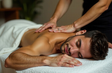 A man receives a relaxing back and neck massage in a spa salon. Thai massage in the salon. Wellness massage for men.