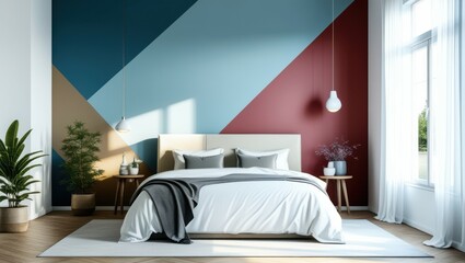 Modern bedroom interior, colorful walls, red accent wall, blue wall, white bed, pendant lights, wooden floor, large window, indoor plant, minimalist decor, contemporary design, contrasting colors, spa