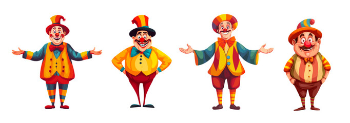 Circus clowns set. Cute clown cartoon characters, cirque mascot funny carnival costume for child birthday party show performance, joker artist harlequin actor vector illustration
