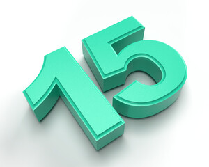 Isolated Three Dimensional Alphabet 15 or Fifteen on White Background, 3D Render Illustration.