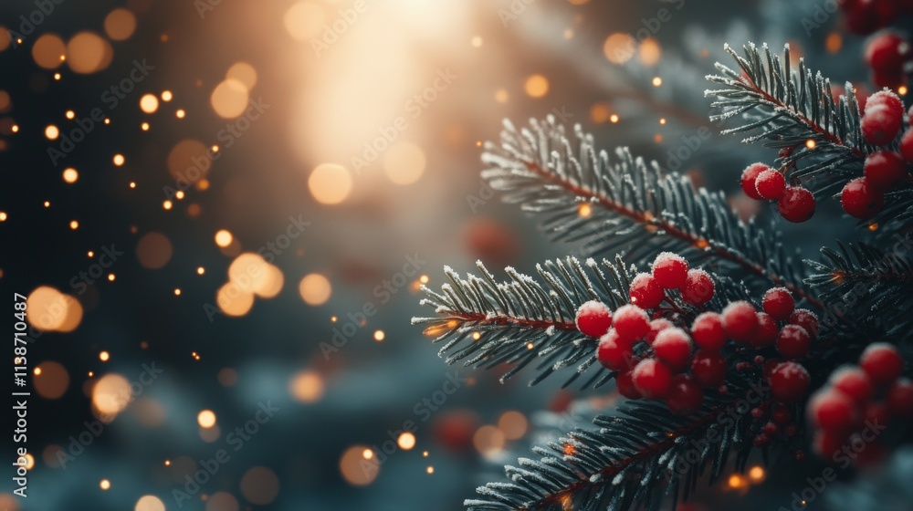 Poster winter snowfall with red berries and evergreen branches creating a festive atmosphere
