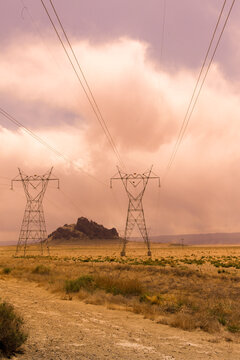Shiprock, New Mexico, USA .Power lines across the desert. 
