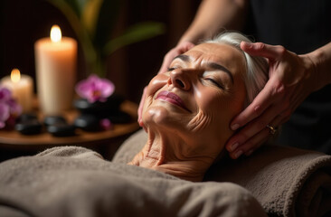 Elderly woman having a relaxing head massage in a spa salon. A happy elderly woman lies down for a procedure with a cosmetologist. Anti-aging facial and head massage.
