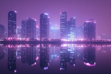 Fototapeta premium Futuristic urban skyline with purple night light reflections on water.