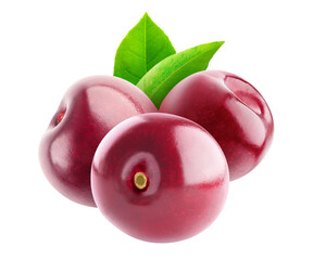 Three glossy cherry fruits cut out, no stems