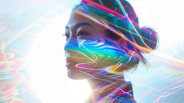 A human head surrounded by light and electromagnetic waves from electronics, illustrating the psychological impact and health issues due to electromagnetic radiation.