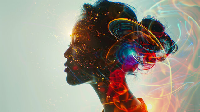 A human head surrounded by light and electromagnetic waves from electronics, illustrating the psychological impact and health issues due to electromagnetic radiation.