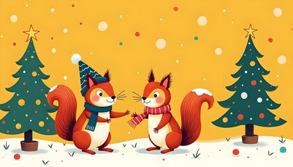 Two Cute Squirrels Sharing Scarf at Christmas in Winter Snow