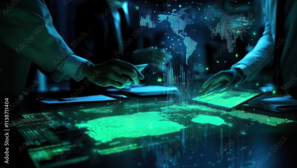 Aufkleber businesspeople collaborate using futuristic tech, analyzing global data on interactive displays.
