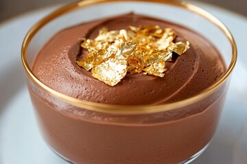 Decadent chocolate mousse adorned with shimmering gold leaf in an elegant glass dish