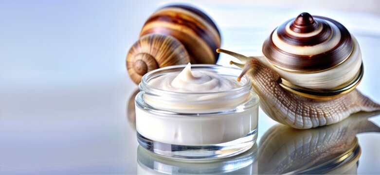 Snail-inspired skincare: jar of cream with snails on reflective surface Snail mucin skin care cosmetics - Powered by Adobe