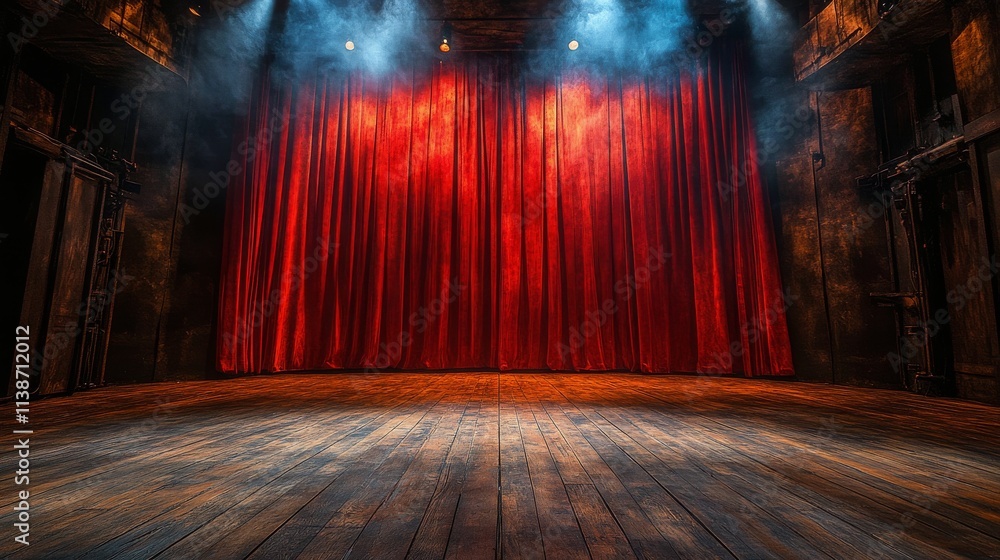 Poster spotlight shining on stage with red curtains in an empty theatre setting